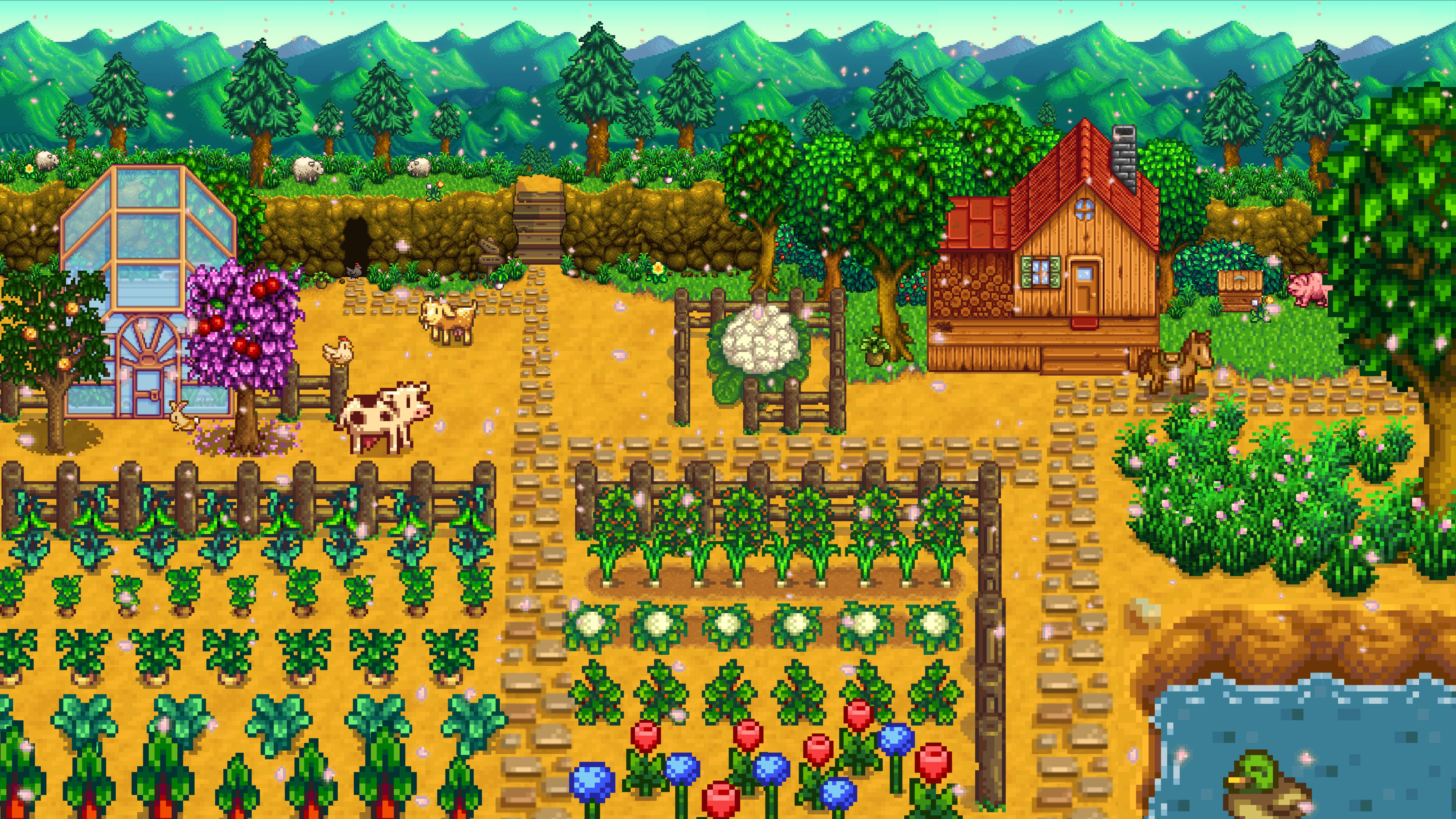 Valley 桌布 壁紙 — 像素藝術農場場景，有色彩繽紛的農作物、動物和木屋，周圍環繞著山脈和樹木。