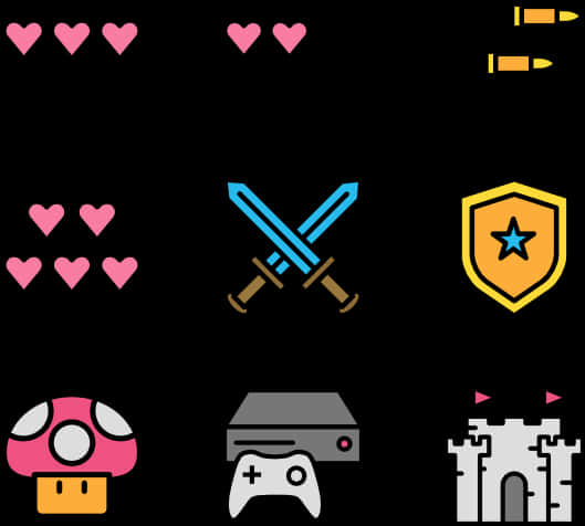 Game Icon 桌布 壁紙 — 像素藝術遊戲圖示，包括心形、劍、盾牌、城堡、蘑菇和控制器，背景為黑色。