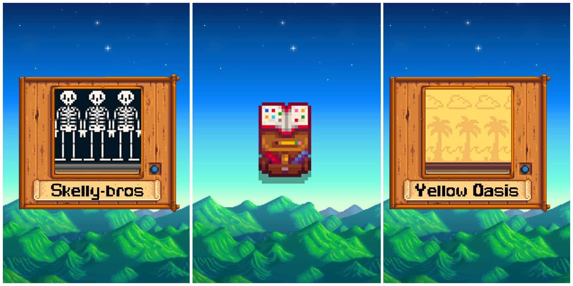 星露谷物語 桌布 壁紙 — 像素藝術遊戲場景，三個木框傳送門顯示骷髏、寶箱和黃色綠洲，背景是綠色山脈和星空。