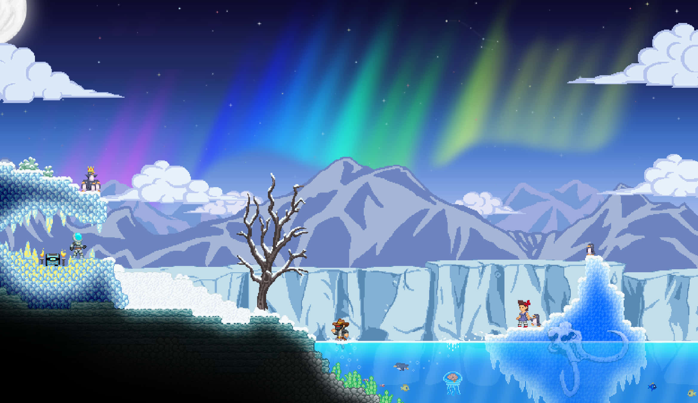 桌布 壁紙 — 像素藝術遊戲場景，極光在冰崖和雪山之上，星空下。