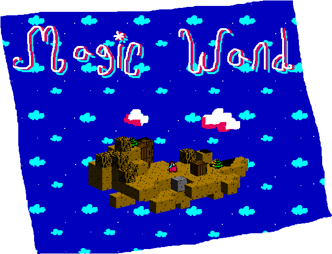 魔法動圖 桌布 壁紙 — 像素藝術遊戲場景，浮空島嶼與「Magic Wand」文字，背景為繁星藍天白雲。