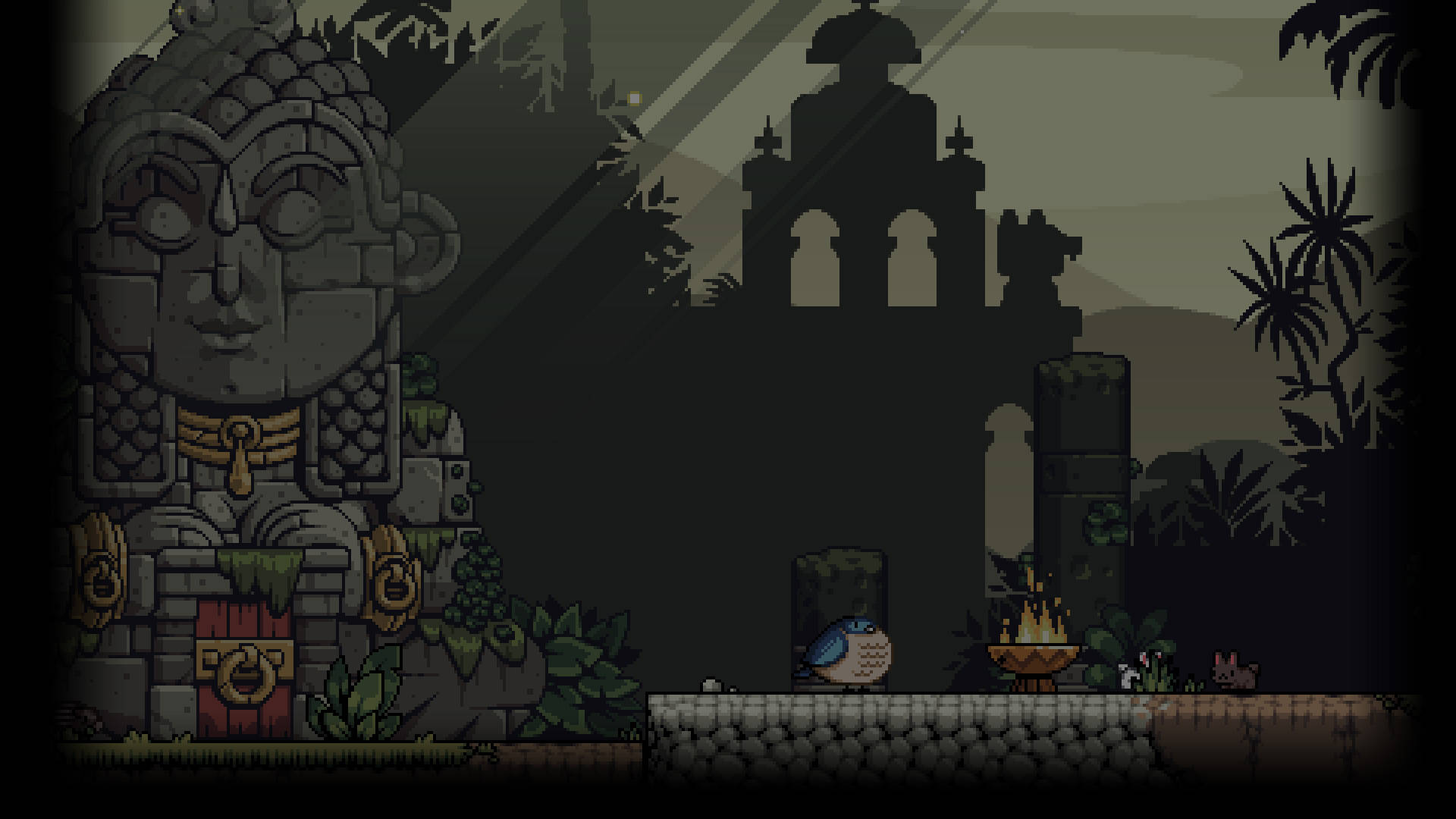 Aesthetic Pixel Art HD 桌布 壁紙 — 像素藝術遊戲場景，藍色小鳥在營火旁，旁邊是古代石頭遺跡和叢林樹葉。