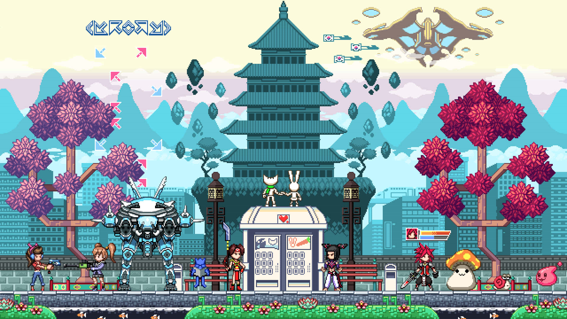 桌布 壁紙 — 像素藝術遊戲場景，角色和巨型機器人在粉紅樹下的寶塔附近。