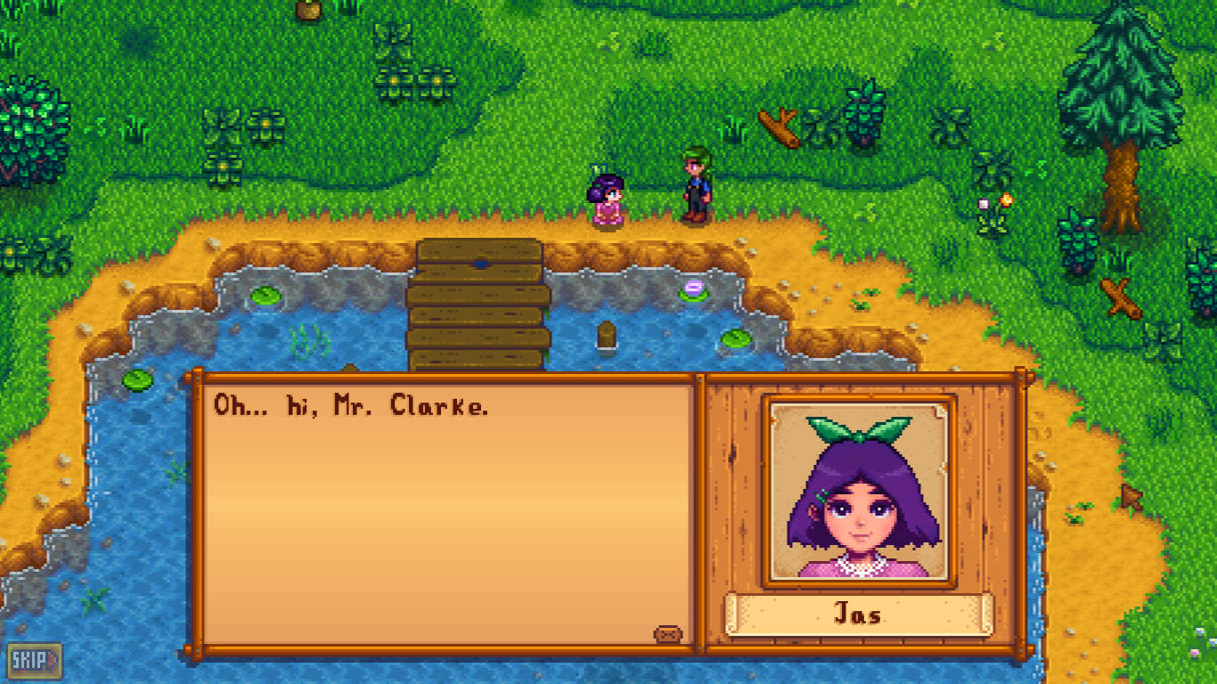 Valley 桌布 壁紙 — 像素藝術遊戲場景顯示一個名為 Jas 的角色在池塘邊向 Clarke 先生打招呼，池塘有木製碼頭和茂密的綠植。