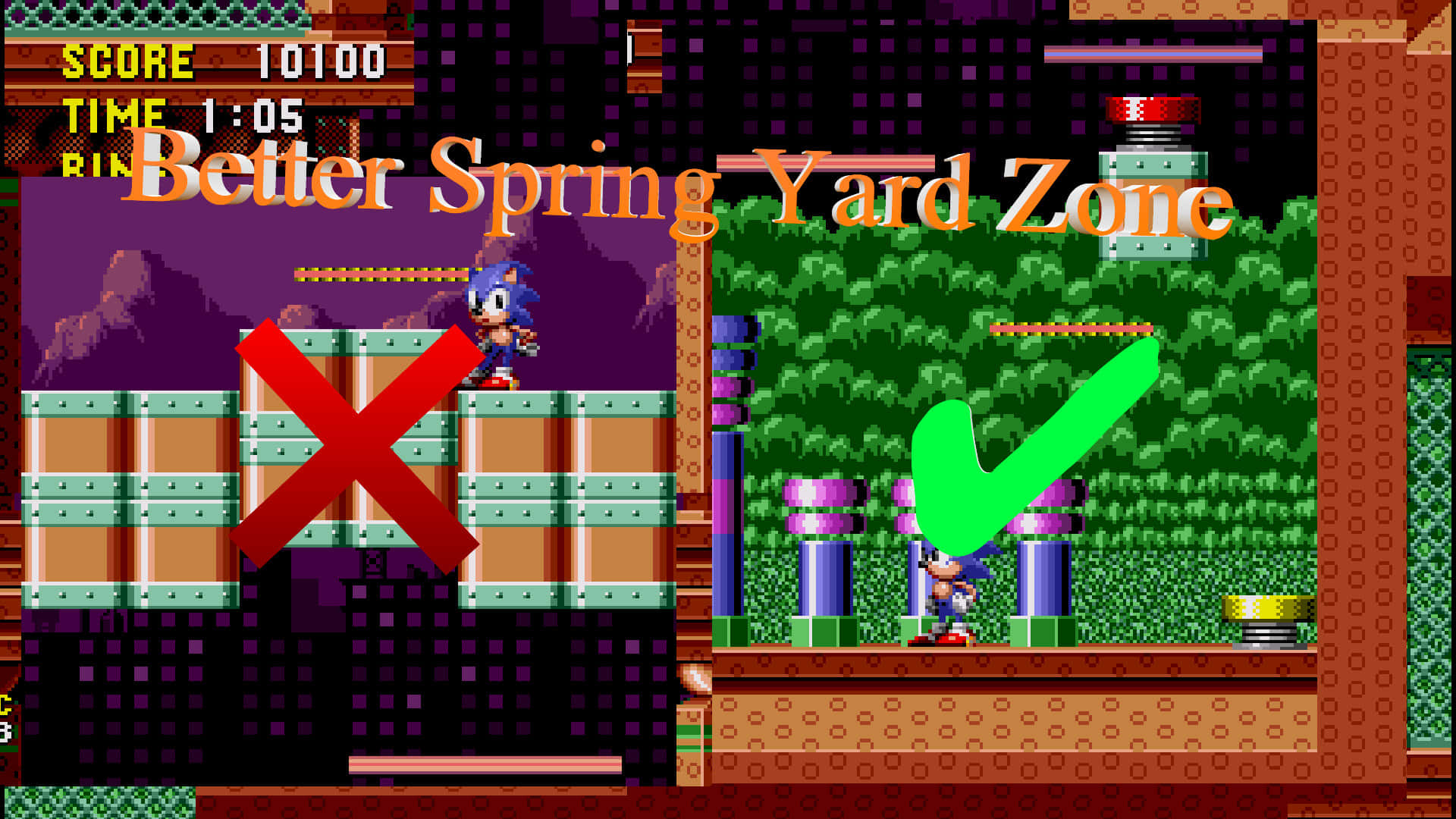 Sonic Spring Yard Zone 桌布 壁紙 — 像素藝術遊戲場景顯示索尼克在平台上，紅色X和綠色勾號指示Better Spring Yard Zone中的正確路徑。