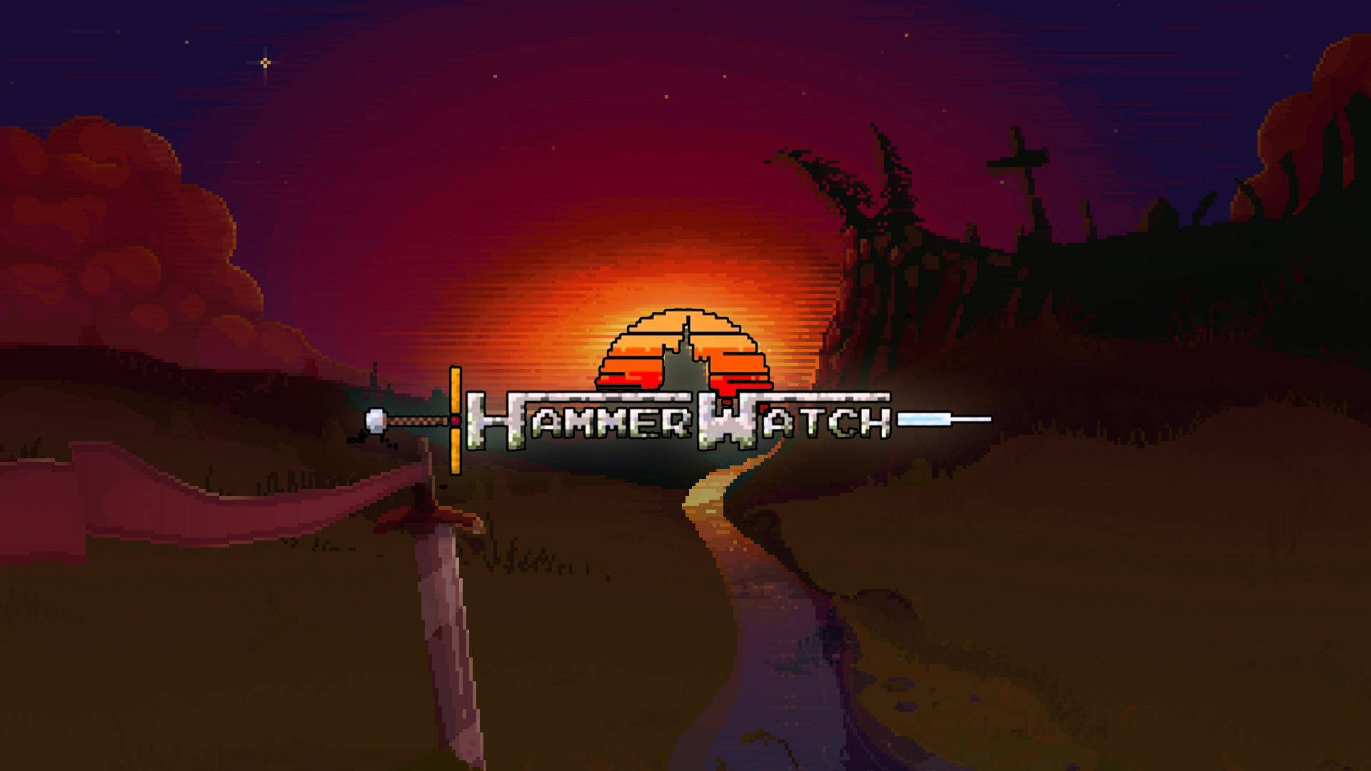 Hammerwatch 桌布 壁紙 — 像素藝術遊戲標題 Hammer Watch 在蜿蜒小徑上方的熾熱日落中閃耀，前景有一把劍。