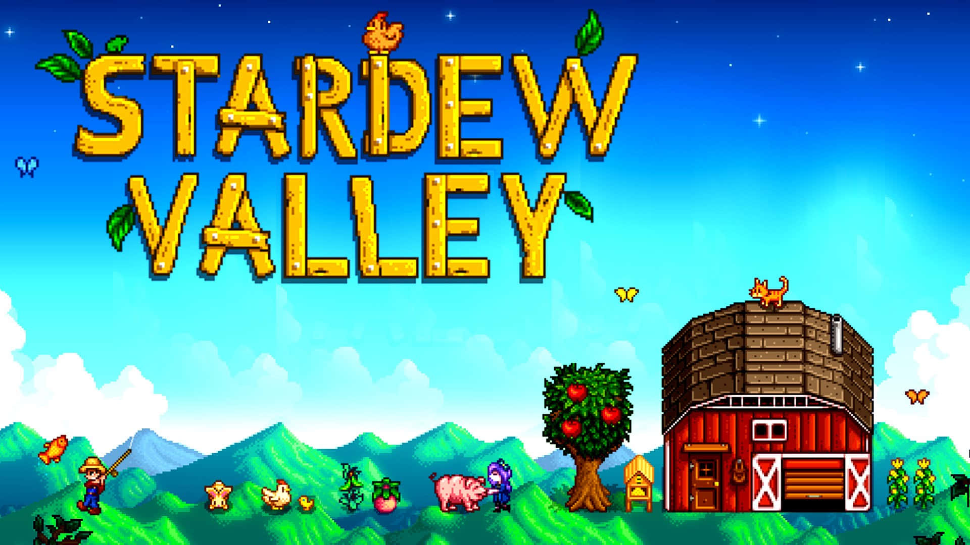 星露谷物語 桌布 壁紙 — 像素藝術遊戲標題 Stardew Valley 顯示一個紅色穀倉、蘋果樹、豬和農夫在星空藍天下起伏的綠色山丘上。