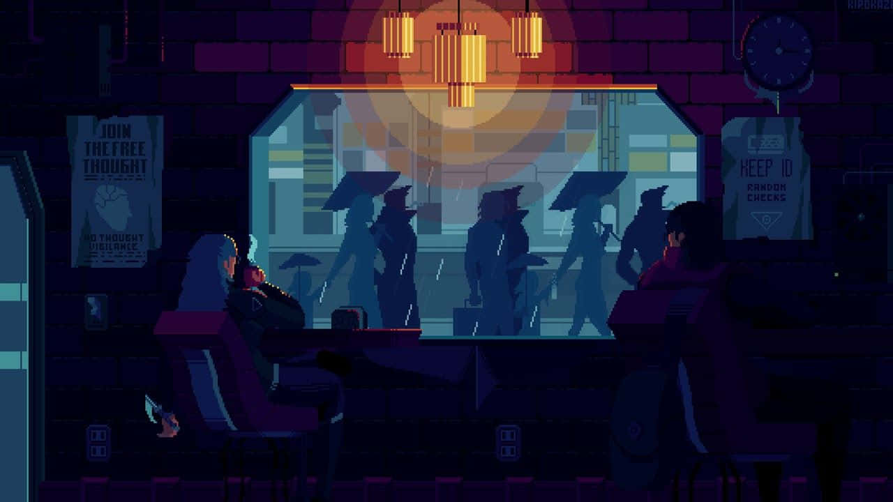 背景 桌布 壁紙 — 像素藝術酒吧的顧客在溫暖的吊燈下，凝視著磚牆外剪影般的人物。
