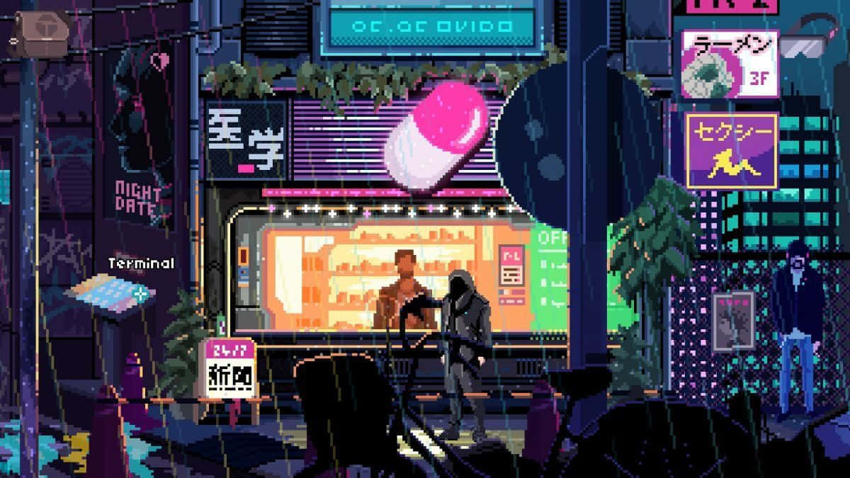 桌布 壁紙 — 像素藝術霓虹燈照亮的賽博龐克夜晚街道，發光的招牌和雨中的孤獨身影。