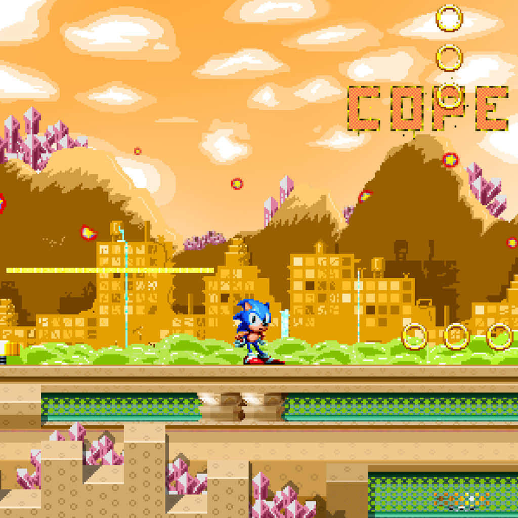 Sonic Spring Yard Zone 桌布 壁紙 — 像素藝術音速小子在充滿活力的沙漠關卡中奔跑，空中漂浮著金環和一個「COPE」標誌。
