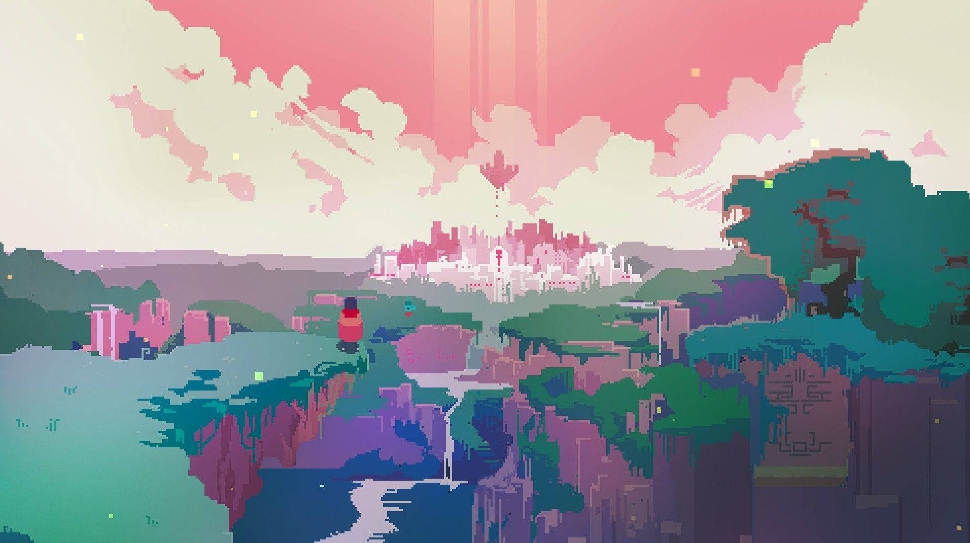 cute aesthetic pc 桌布 壁紙 — 像素藝術風景，一個孤獨的身影在懸崖上俯瞰著一座漂浮的城市，天空是粉紅色的日落。