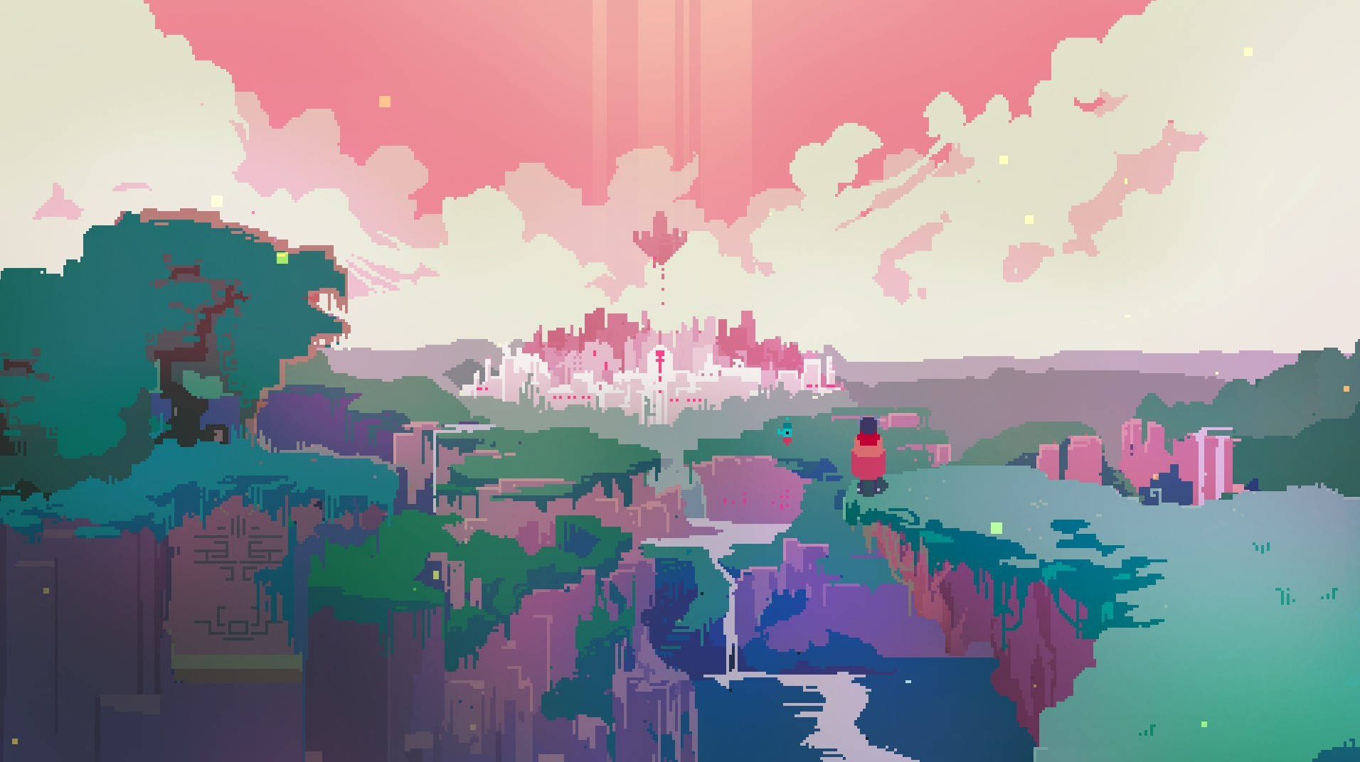山景 桌布 壁紙 — 像素藝術風景，一個孤獨的身影站在懸崖上，俯瞰遠處的粉紅色城市，天空柔和粉彩。