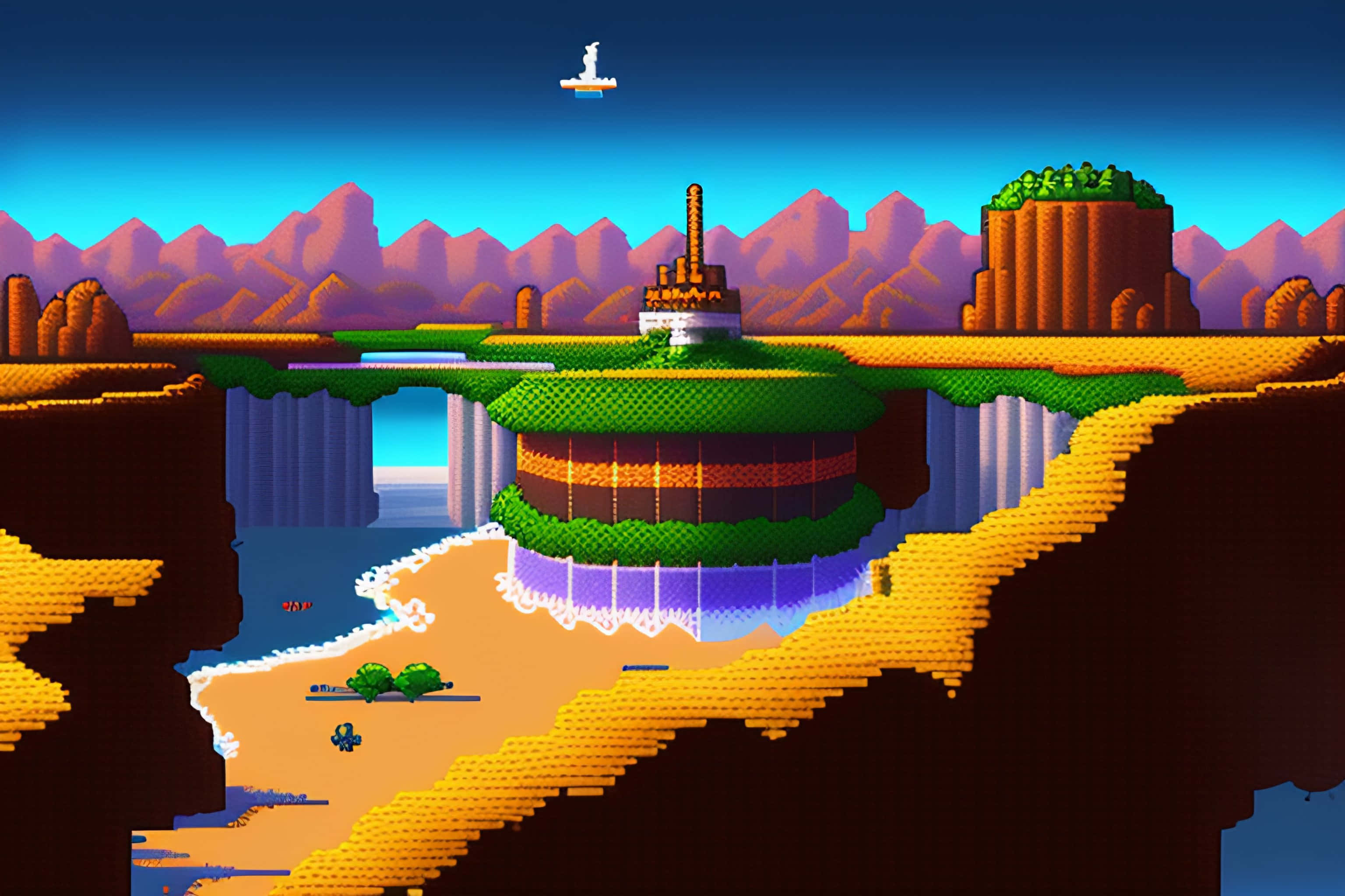 Sonic Launch Base Zone 桌布 壁紙 — 像素藝術風景，包含浮島、瀑布和遠山，背景為漸變天空。