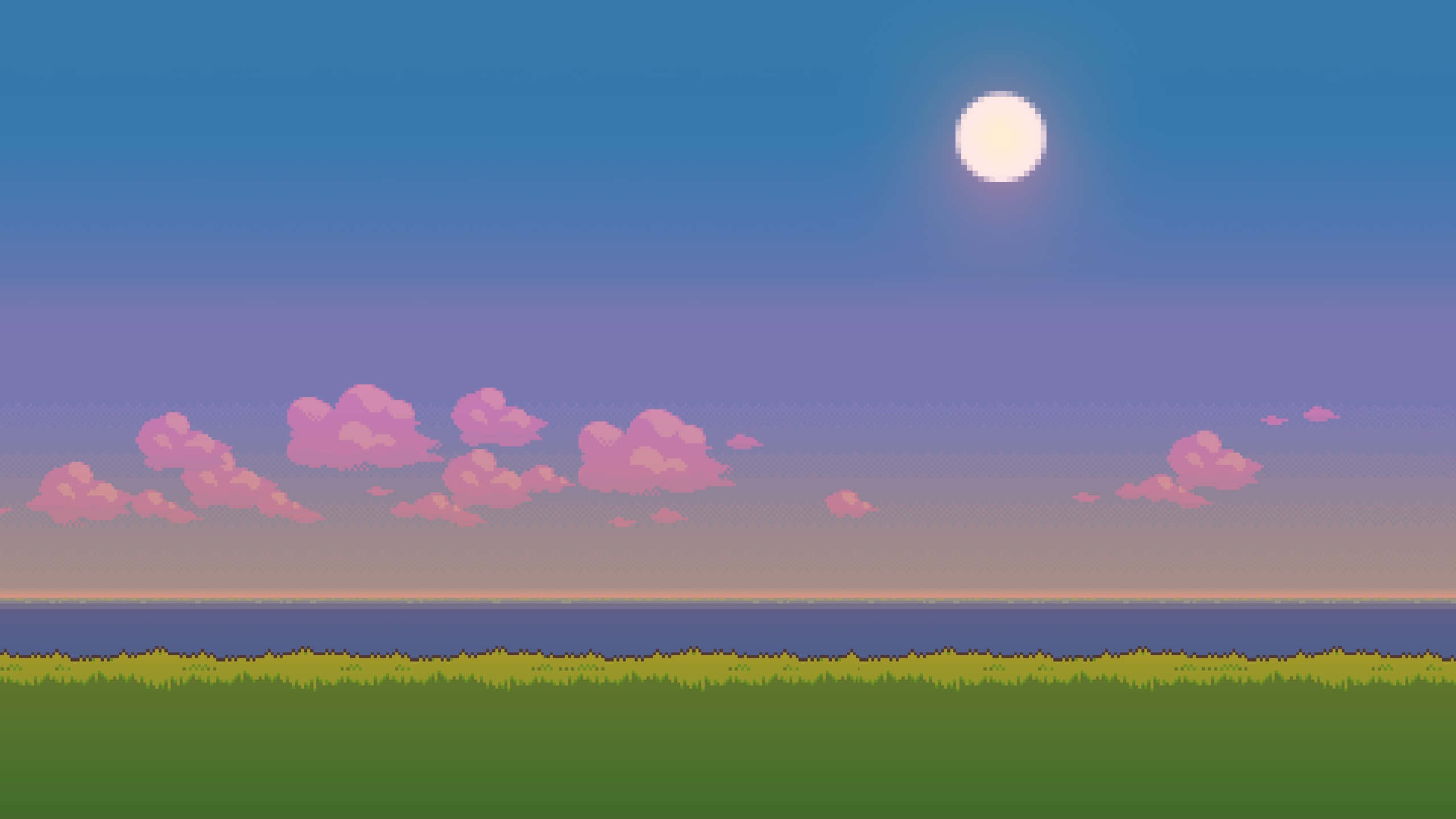 Pixel 桌布 壁紙 — 像素藝術風景，明亮的月亮在粉紅色雲層之上，海洋和綠色草地。