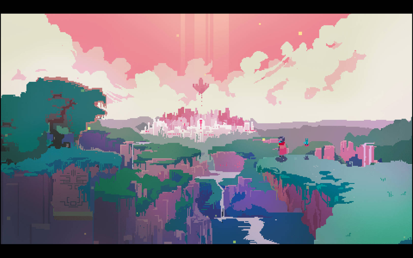 Aesthetic Pixel Art HD 桌布 壁紙 — 像素藝術風景，有浮島、青綠樹木和遠處的粉紅色城市，在柔和的粉紅色天空下。