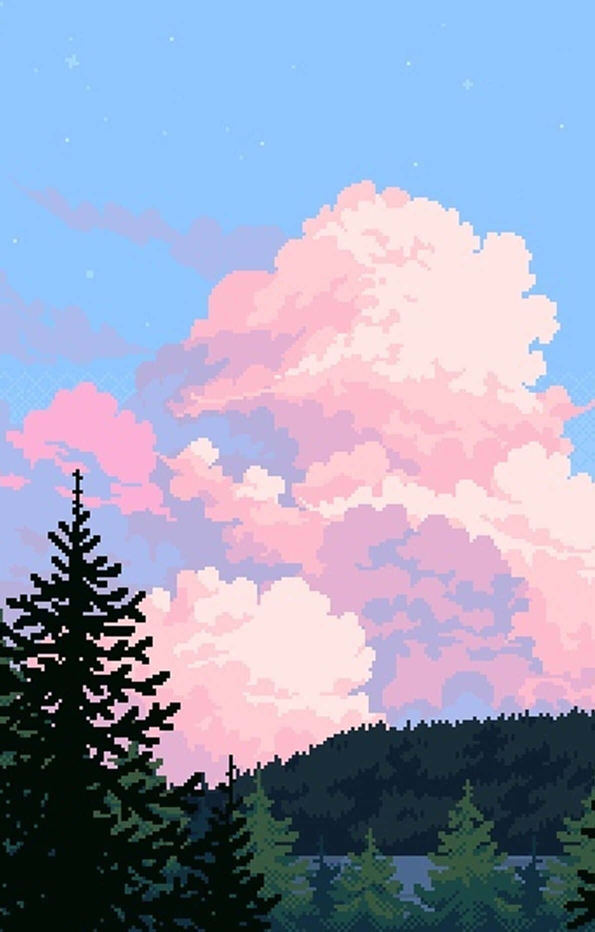 桌布 壁紙 — 像素藝術風景，深色松樹上方有粉紅雲朵，藍色天空有星星。