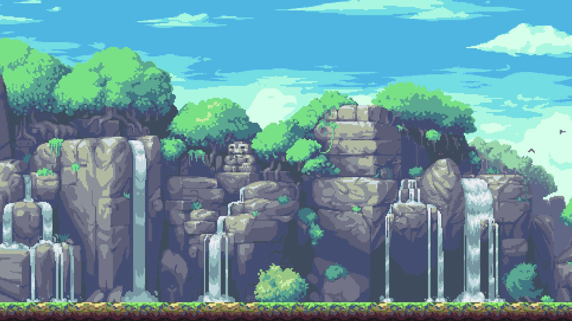 Pixel 桌布 壁紙 — 像素藝術風景，瀑布在岩石峭壁之間流瀉，峭壁上長滿茂密的綠樹，天空湛藍明亮。