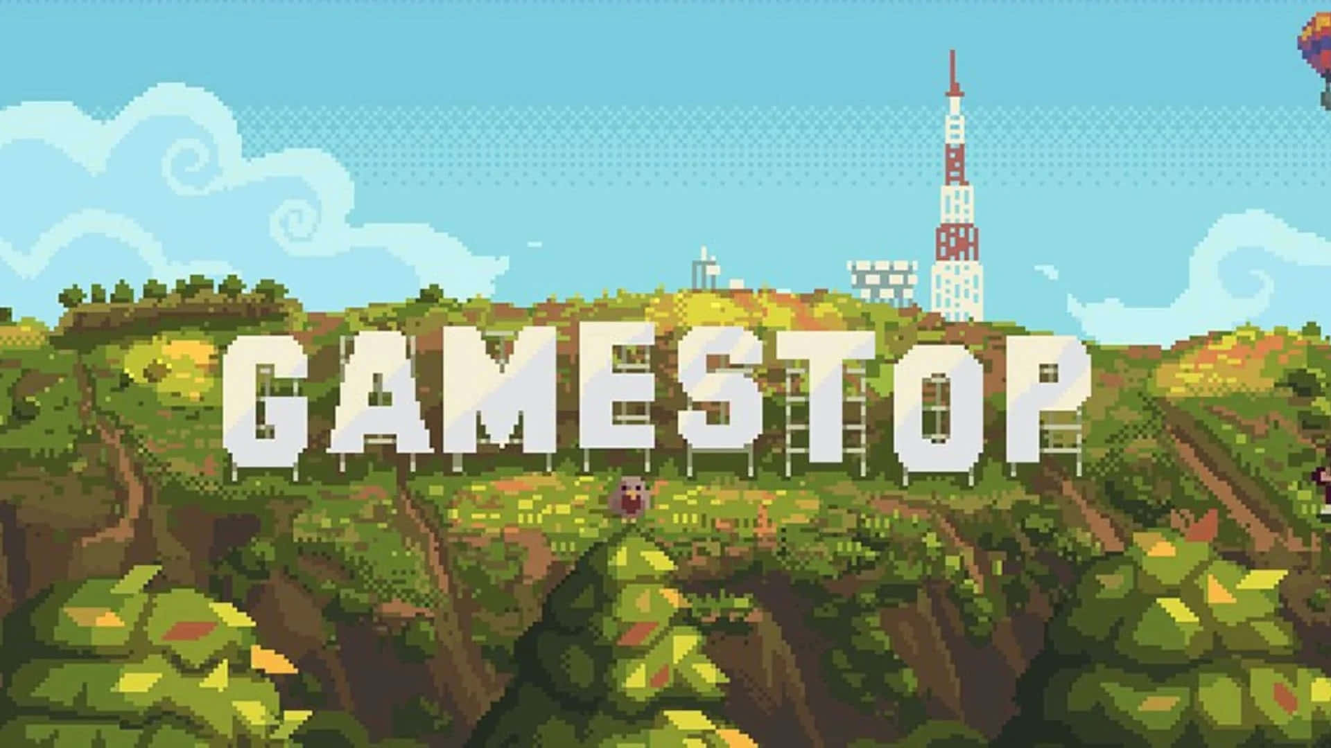 GameStop 桌布 壁紙 — 像素藝術風景，藍天白雲下的綠色山坡上有大型塊狀字母「GAMESTOP」。