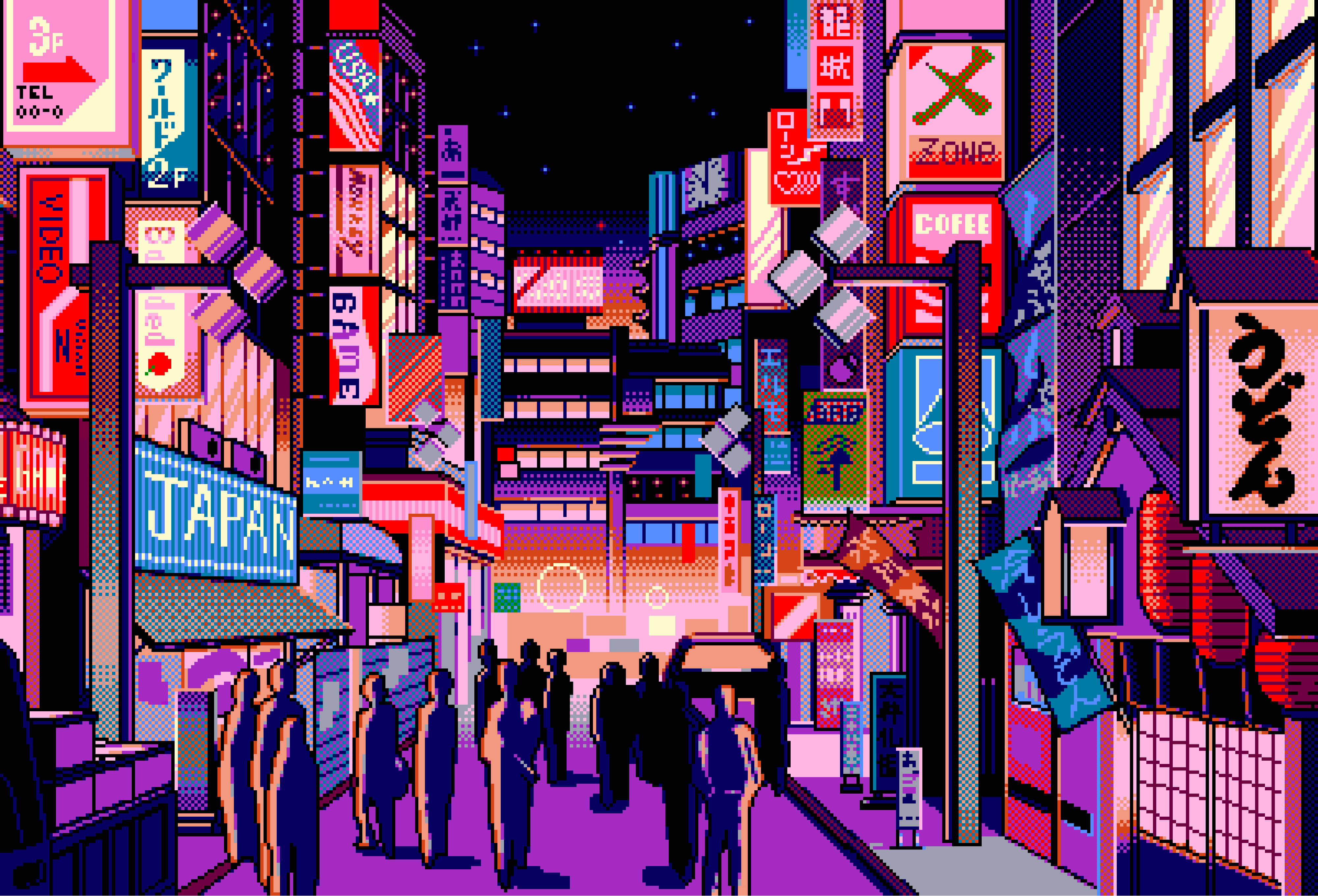 City Night 桌布 壁紙 — 像素藝術風格、霓虹燈照亮的東京夜晚街道，有發光招牌和剪影行人。