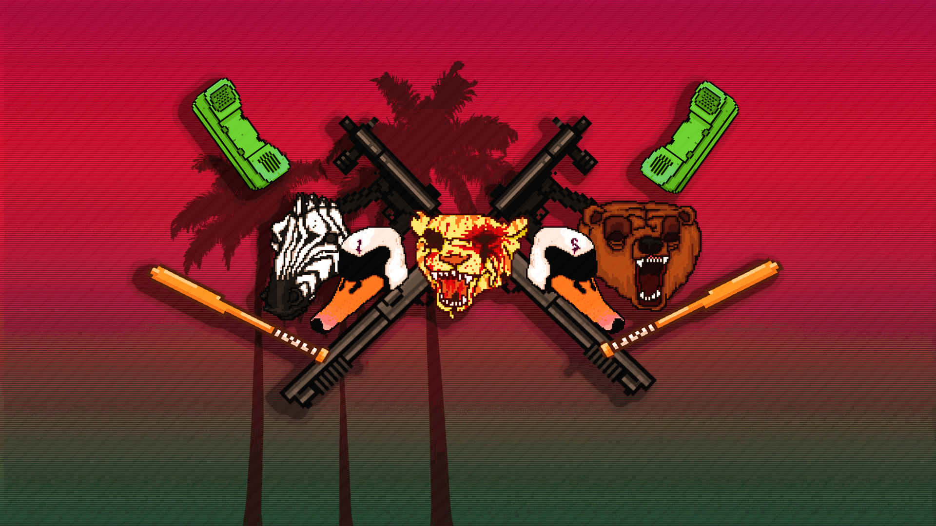 Hotline Miami 桌布 壁紙 — 像素藝術風格壁紙顯示交叉的突擊步槍，帶有動物頭部和綠色電話，背景為紅色漸變日落。