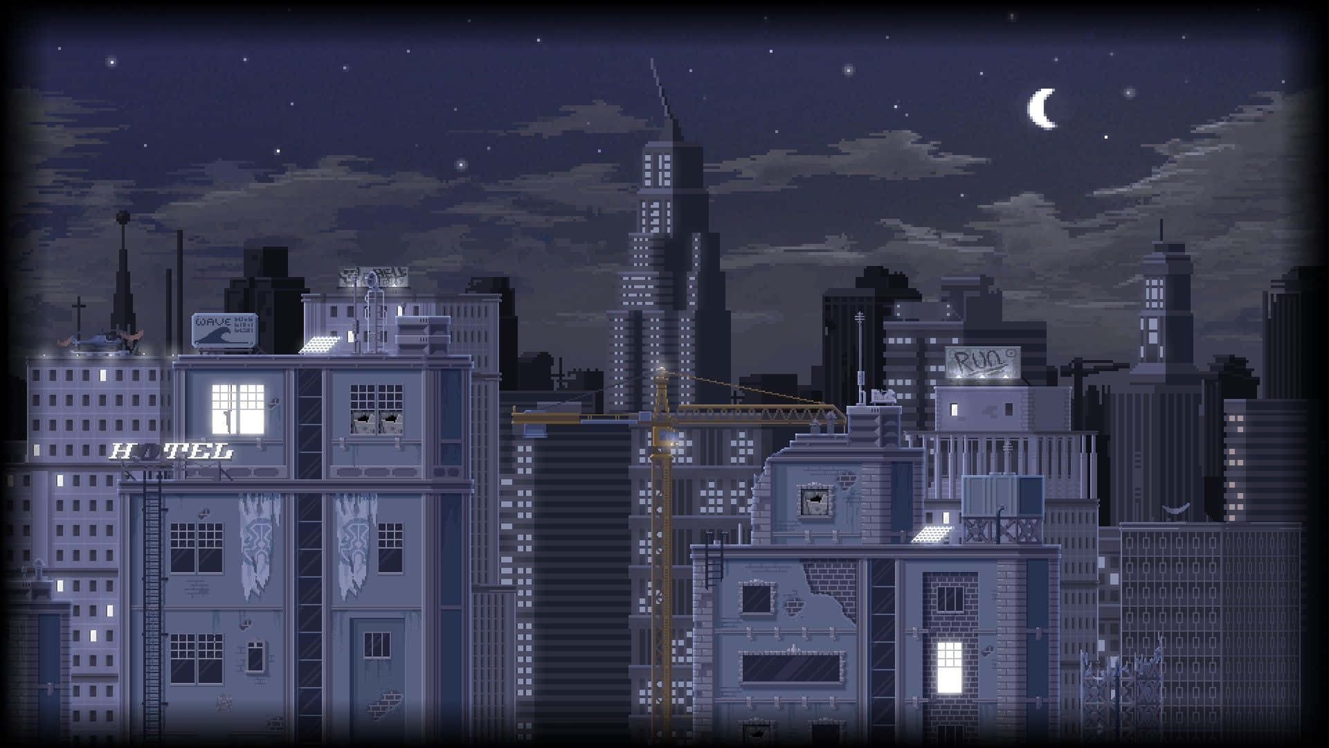 Aesthetic Grunge Laptop 桌布 壁紙 — 像素藝術風格夜景城市景觀，新月和星空下閃爍的窗戶。