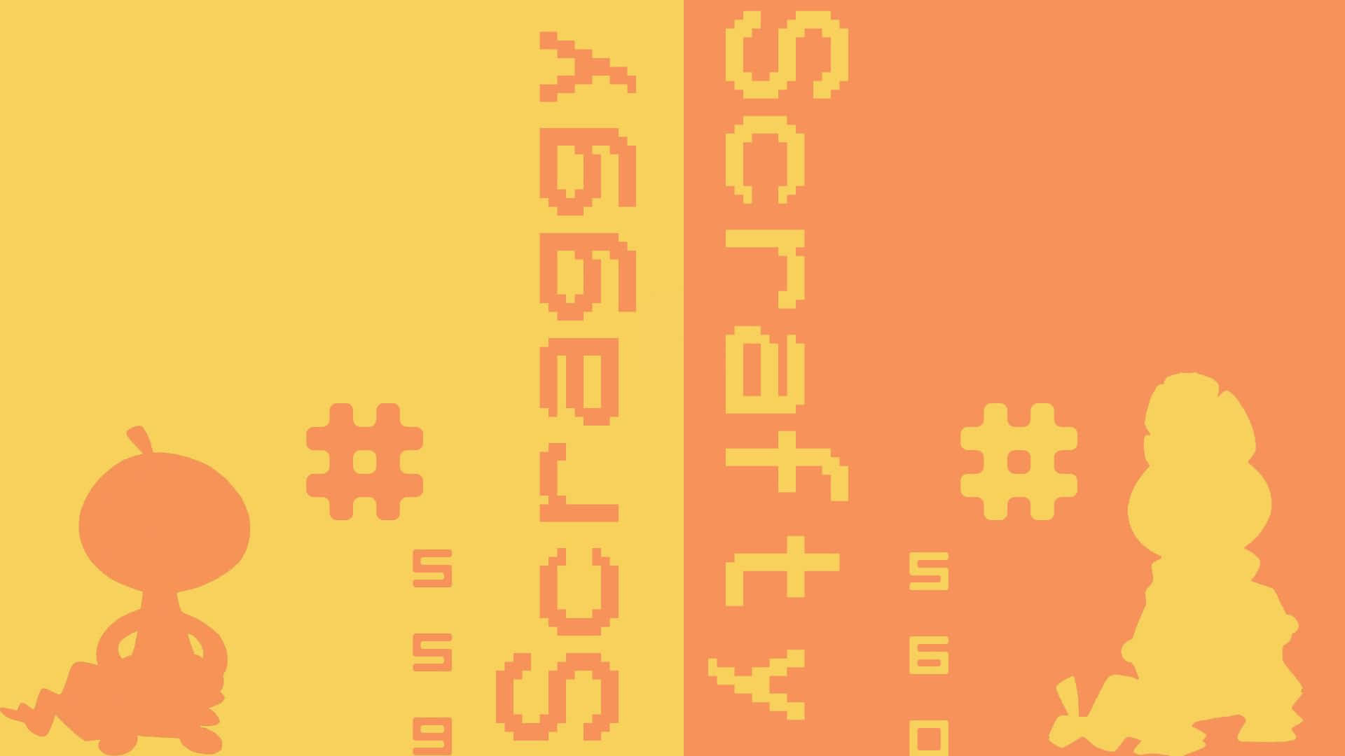 Pokemon Aesthetic 桌布 壁紙 — 像素藝術風格桌布，帶有橙色和黃色漸變，包含「Scratty」文字和風格化角色剪影。