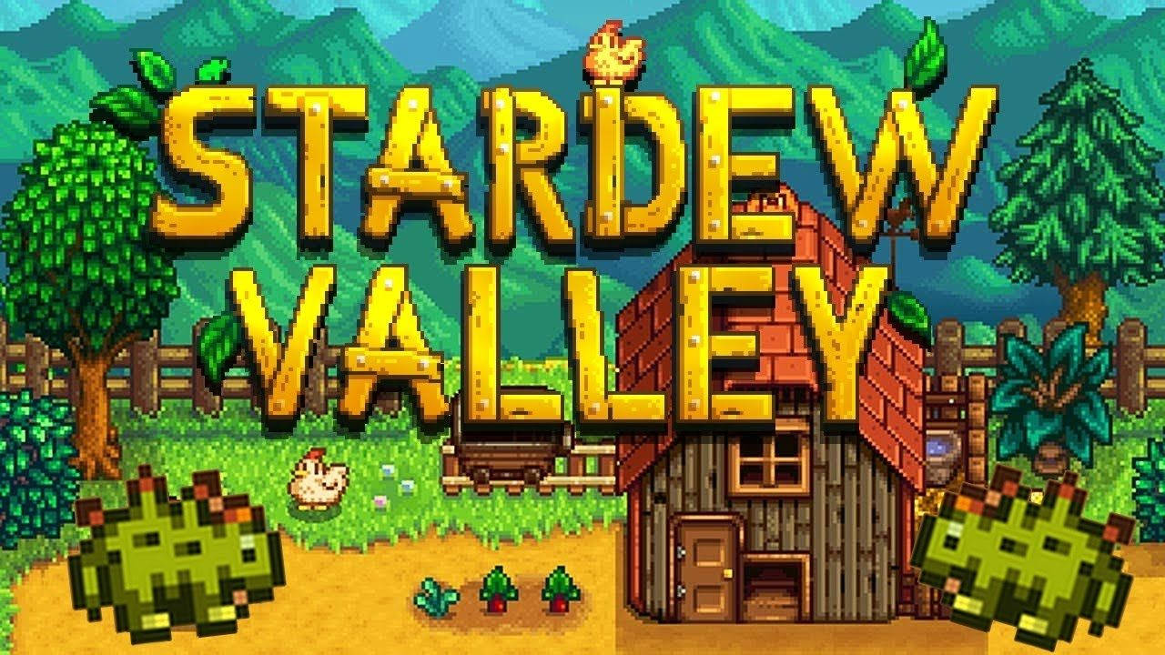 Valley 桌布 壁紙 — 像素藝術風格的 Stardew Valley 標題畫面，顯示木製農舍、雞和樹木，背景是綠色山脈。