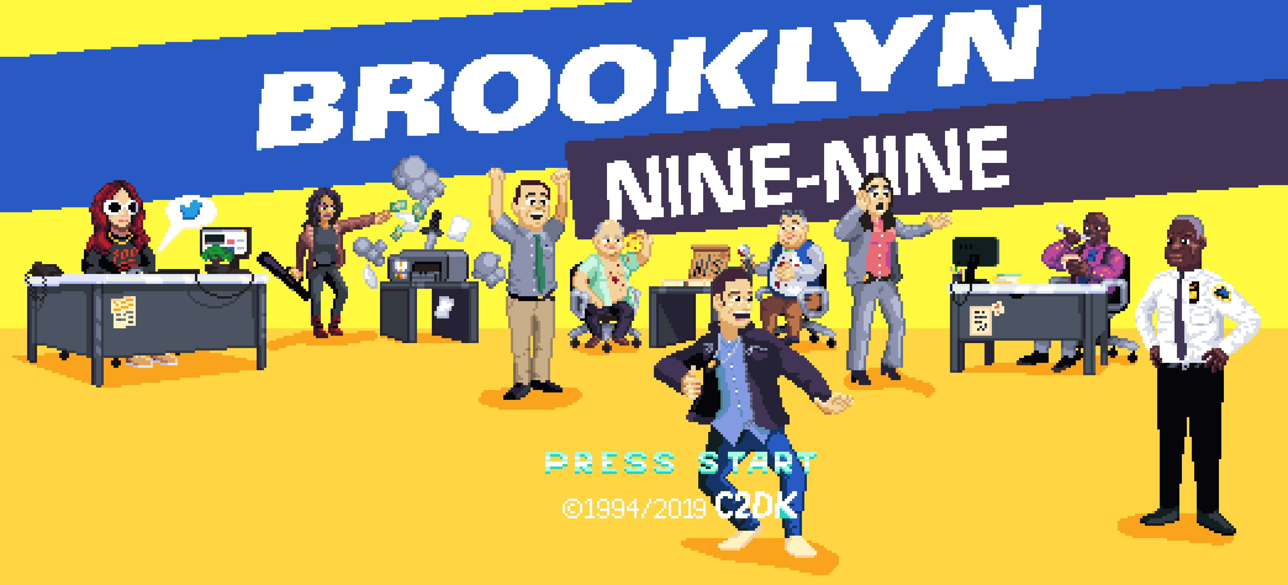 Brooklyn 桌布 壁紙 — 像素藝術風格的《神煩警察》演員在充滿活力的黃色辦公室中，帶有「PRESS START」文字。
