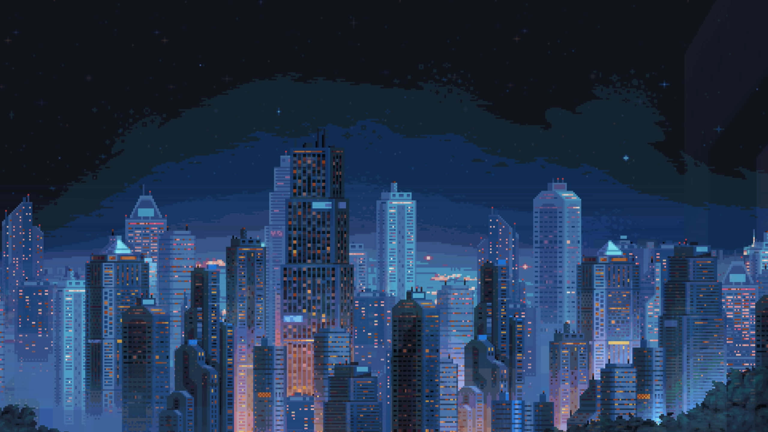 Retro Game 桌布 壁紙 — 像素藝術風格的城市天際線夜景，在星空和烏雲下閃爍著窗戶的光芒。