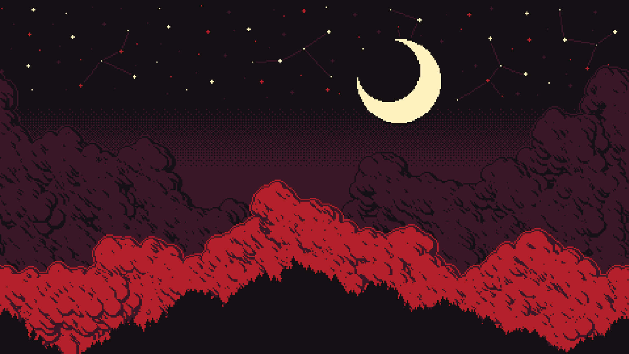 桌布 壁紙 — 像素藝術風格的夜空，新月和星座在鋸齒狀的紅色山脈和烏雲之上。