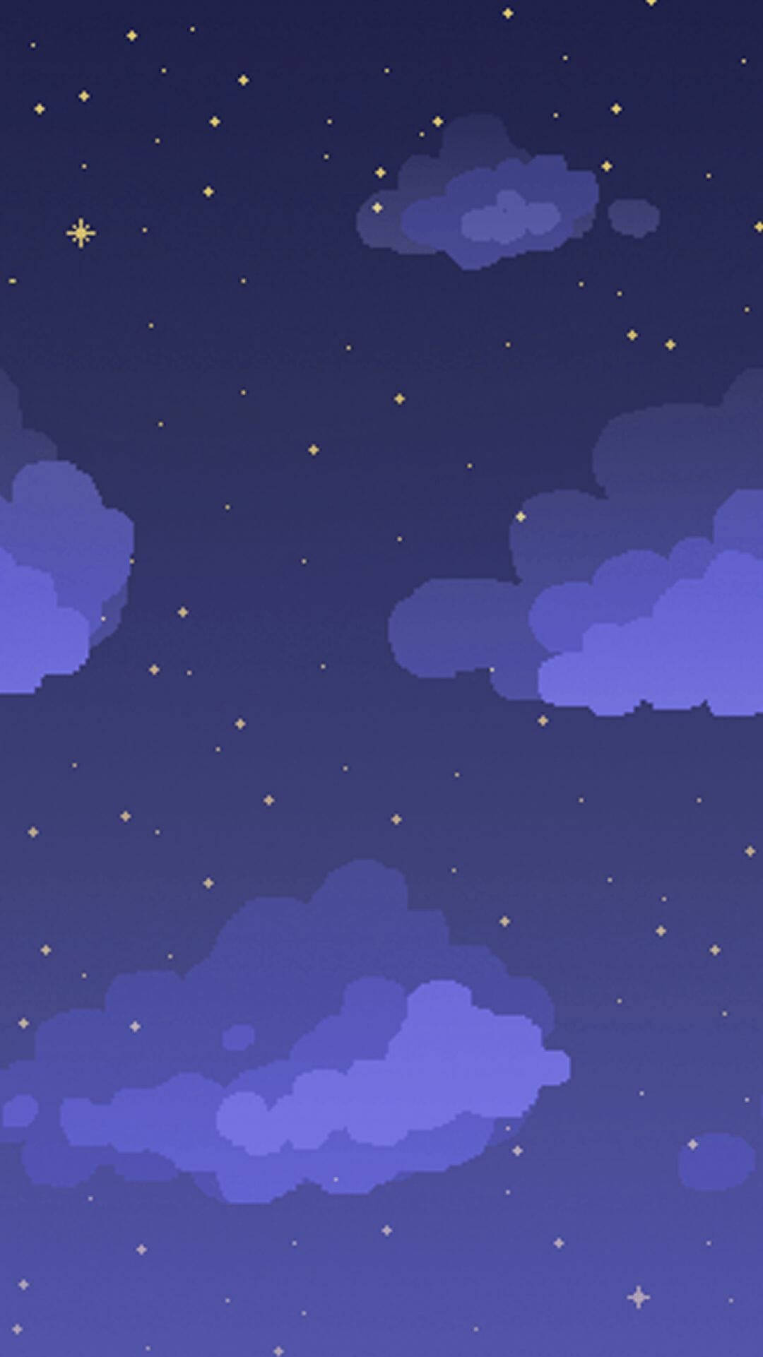Aesthetic Pixel Art HD 桌布 壁紙 — 像素藝術風格的夜空，柔和的紫色雲朵在金色星星的星野下飄動。