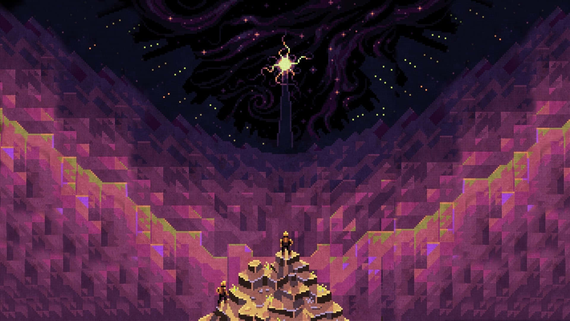 像素藝術風格的山景，天空中有顆星星 壁紙