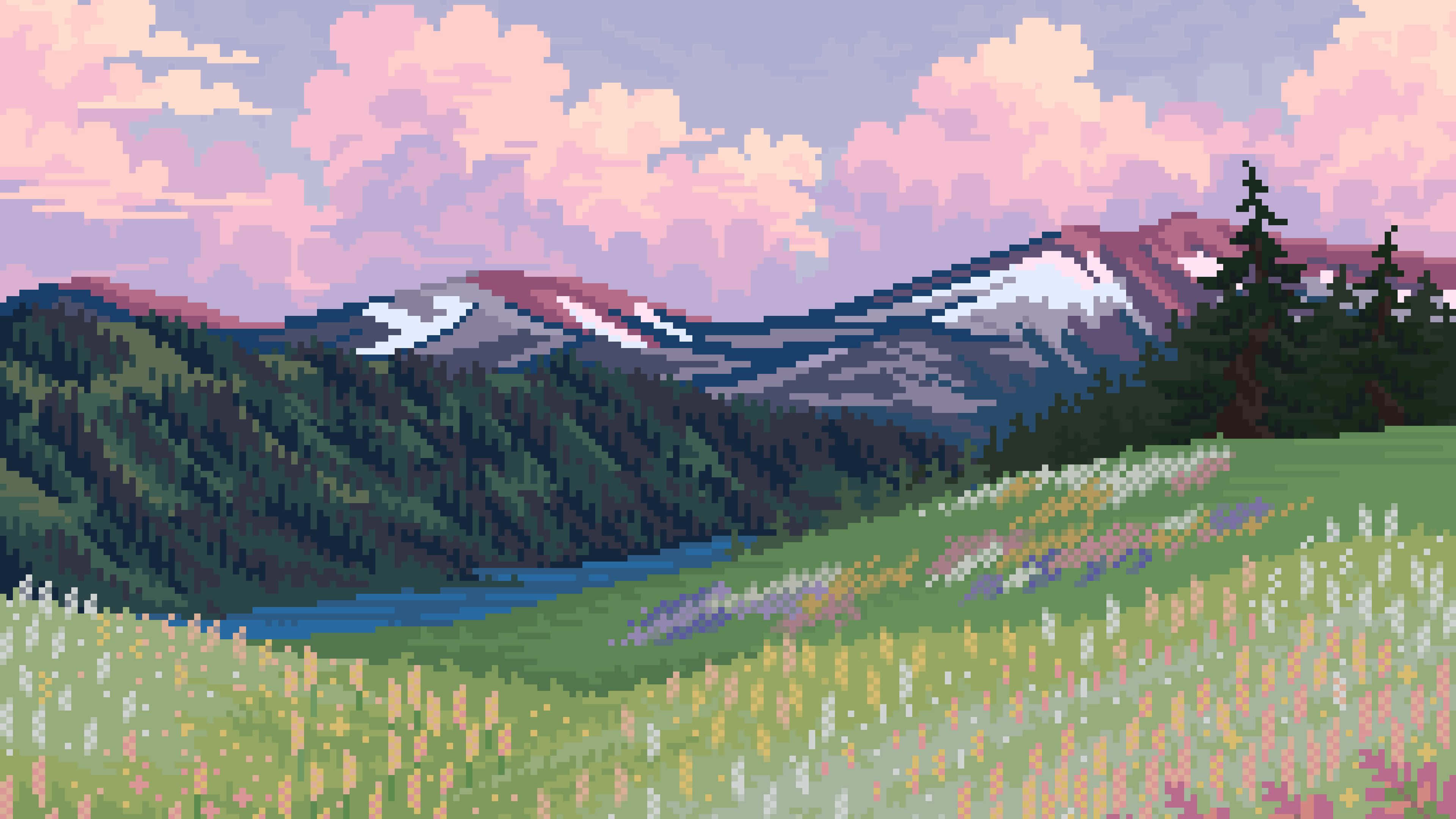 像素藝術風格的山景，點綴花朵與草地 壁紙
