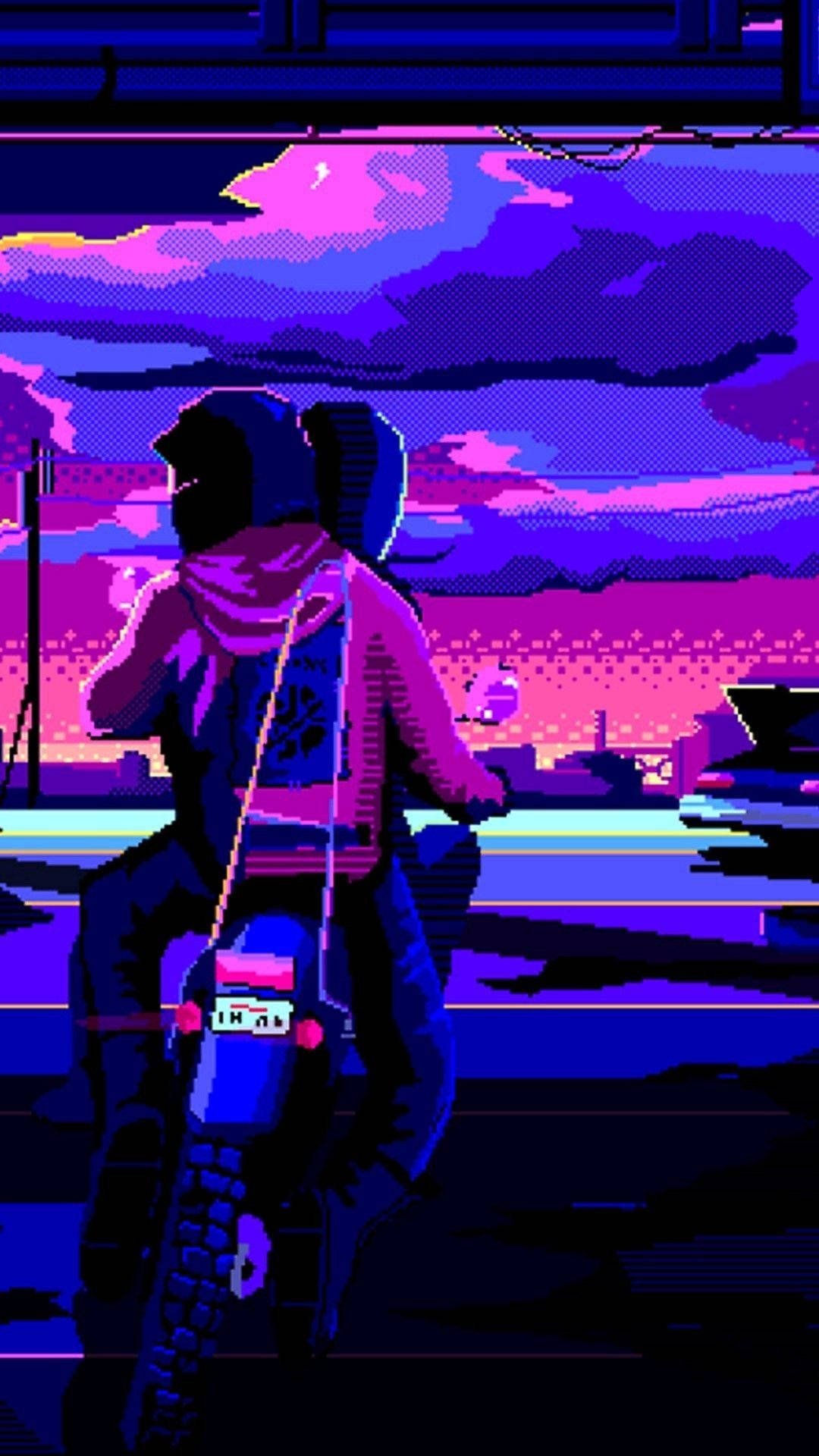 Indigo Aesthetic 桌布 壁紙 — 像素藝術風格的摩托車騎士，背景是霓虹紫色日落天空和發光的城市景觀。