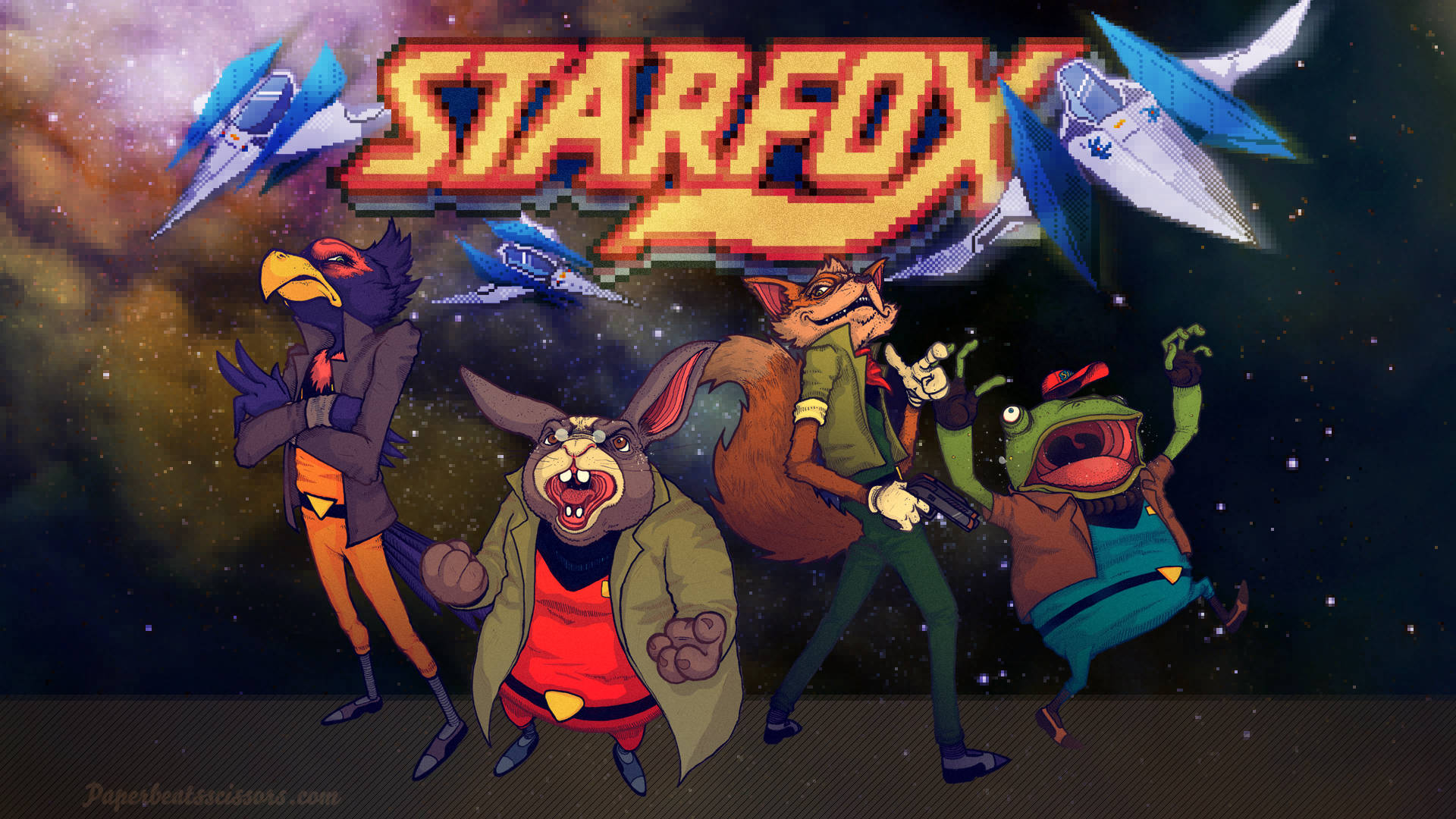 Star Fox 桌布 壁紙 — 像素藝術風格的星際火狐團隊在星空太空背景下英勇擺姿勢，他們的Arwing戰機在頭頂飛翔。