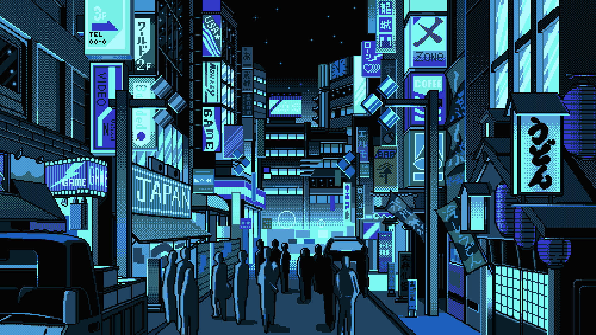像素藝術風格的東京夜晚霓虹燈街，有發光招牌和行人剪影。 — Google pixel 壁紙