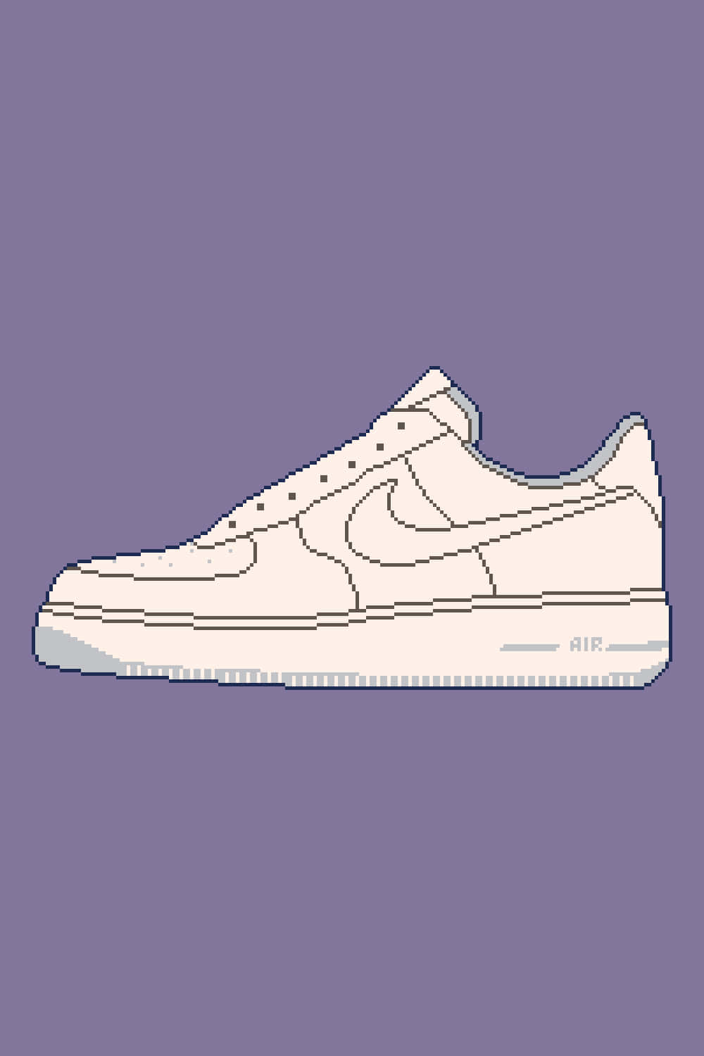 Nike 桌布 壁紙 — 像素藝術風格的白色Nike Air Force 1運動鞋，以灰色勾勒輪廓，置於純薰衣草色背景上。