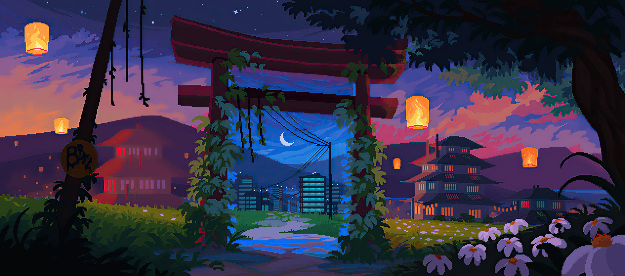 日本 桌布 壁紙 — 像素藝術風格的神社大門，在暮色中，發光的燈籠勾勒出一條通往星空下城市景觀的小路。