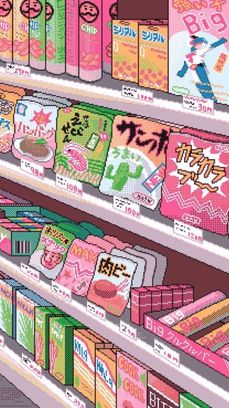 Aesthetic Anime Phone 桌布 壁紙 — 像素藝術風格貨架上擺滿了色彩繽紛的日本零食盒，色調鮮豔，有粉紅、綠色和橙色。
