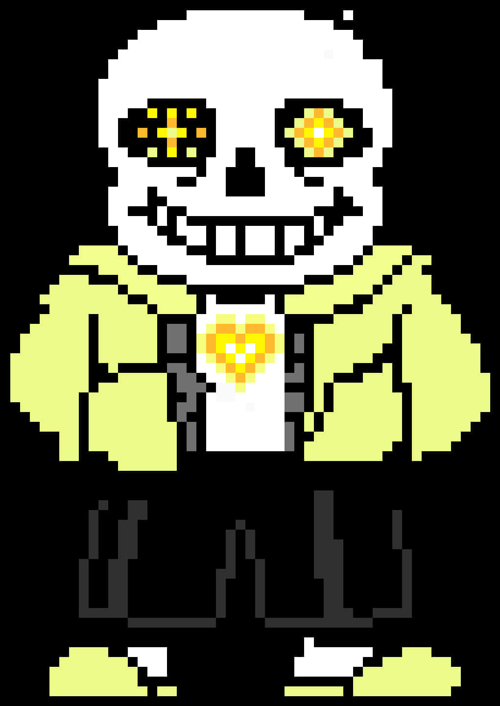 Undertale 桌布 壁紙 — 像素藝術骷髏角色，帶有發光的黃色眼睛和心形標誌，在黑色背景上微笑。