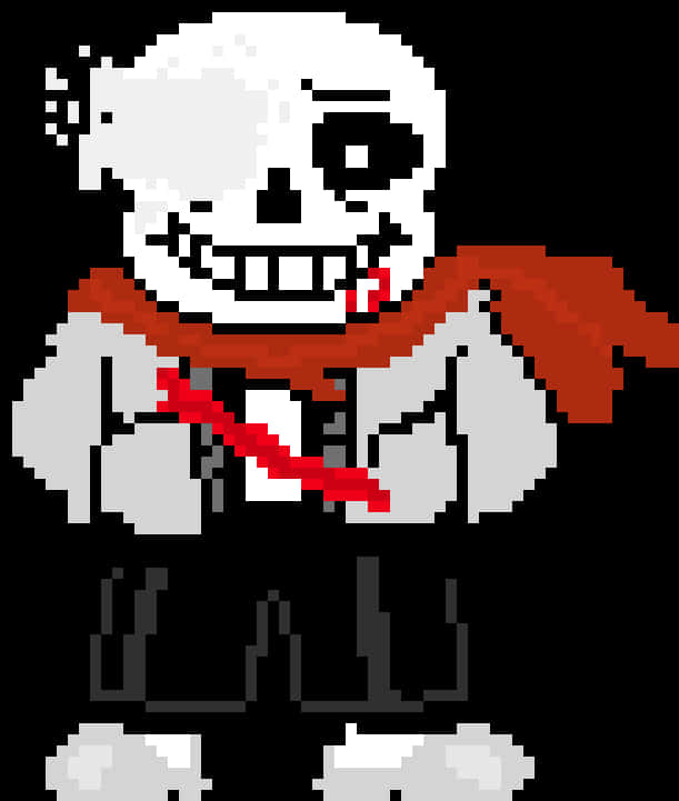 Undertale Sans 桌布 壁紙 — 像素藝術骷髏角色，戴紅色圍巾，白襯衫上有血跡，背景黑色。