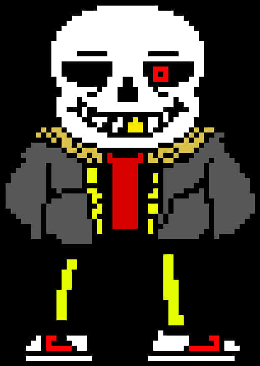 Undertale Sans 桌布 壁紙 — 像素藝術骷髏角色，有一隻紅眼睛、金鏈和紅色領帶，背景為黑色。