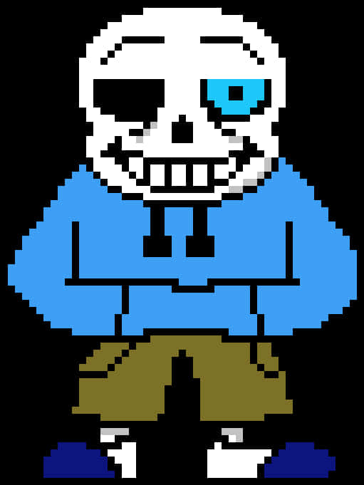 Undertale Sans 桌布 壁紙 — 像素藝術骷髏角色，有一隻藍色眼睛和一隻黑色眼睛，穿著藍色連帽衫和棕色短褲。