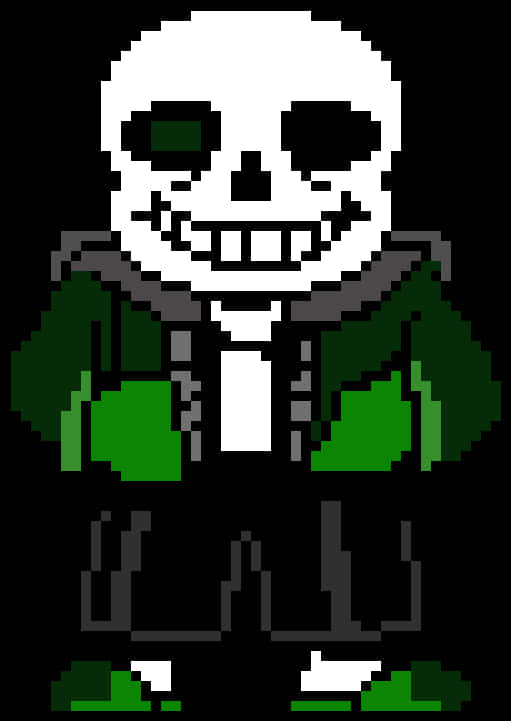 Undertale Sans 桌布 壁紙 — 像素藝術骷髏角色，穿著綠色連帽衫，白色牙齒，黑色背景。