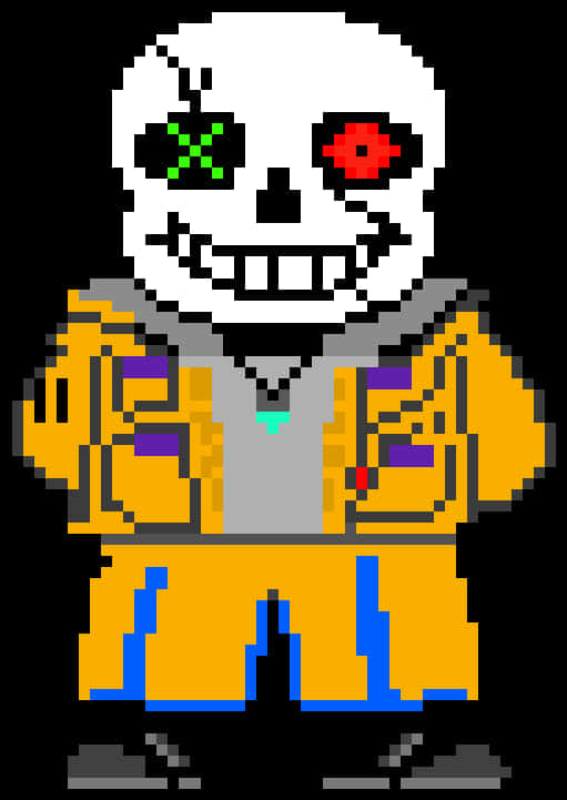 Undertale 桌布 壁紙 — 像素藝術骷髏角色，綠色X眼睛和紅色花眼睛，穿著黃色外套和藍色褲子。