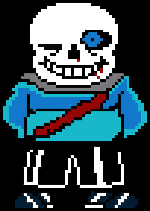 Undertale Sans 桌布 壁紙 — 像素藝術骷髏角色，藍色眼睛和紅色刀刃，黑色背景。
