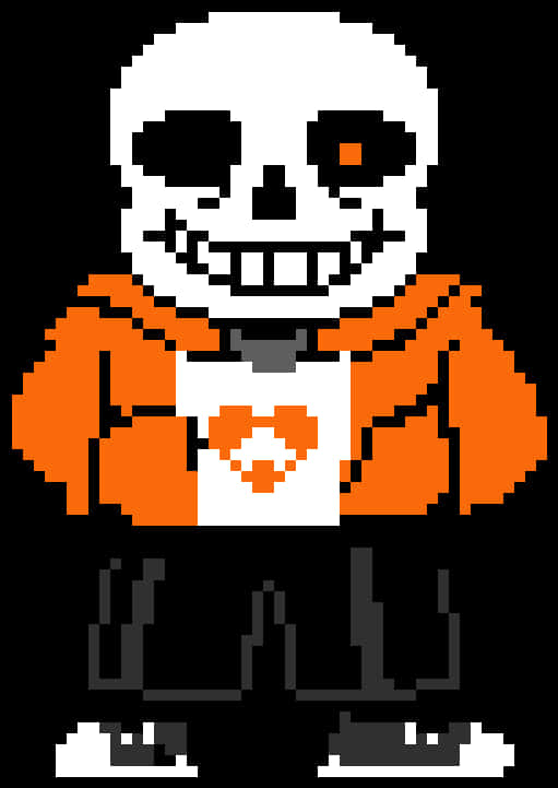 Undertale Sans 桌布 壁紙 — 像素藝術骷髏角色，身穿橙色連帽衫，帶有心形標誌，背景為黑色。