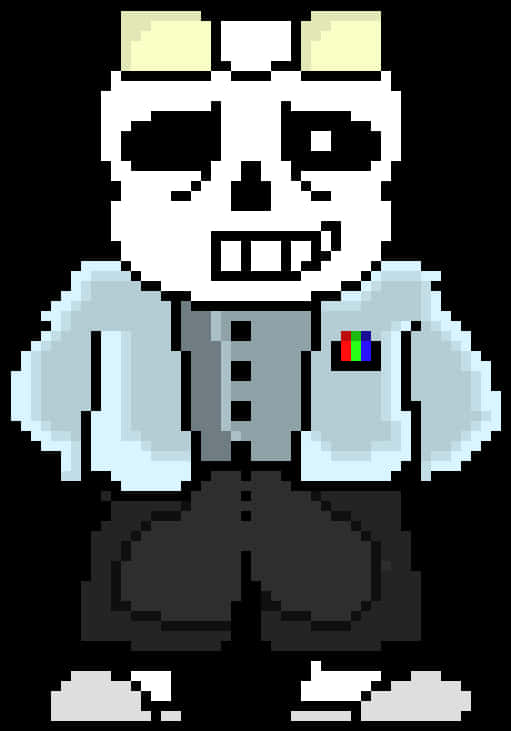 Undertale Sans 桌布 壁紙 — 像素藝術骷髏角色，身穿淺藍色襯衫和深色褲子，帶有彩虹別針，背景為黑色。