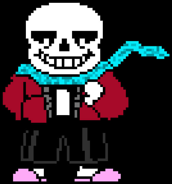 Undertale Sans 桌布 壁紙 — 像素藝術骷髏角色，身穿紅色外套、青色圍巾和粉紅色鞋子，背景為黑色。