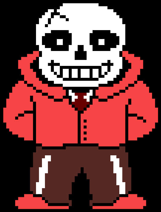Undertale 桌布 壁紙 — 像素藝術骷髏角色，身穿紅色連帽衫和帶有白色條紋的棕色褲子，站在黑色背景前。
